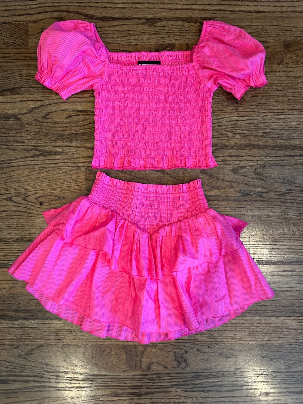 Katie J NYC Hot Pink Smocked Puff Sleeve Top & Tiered Ruffle Skirt Set